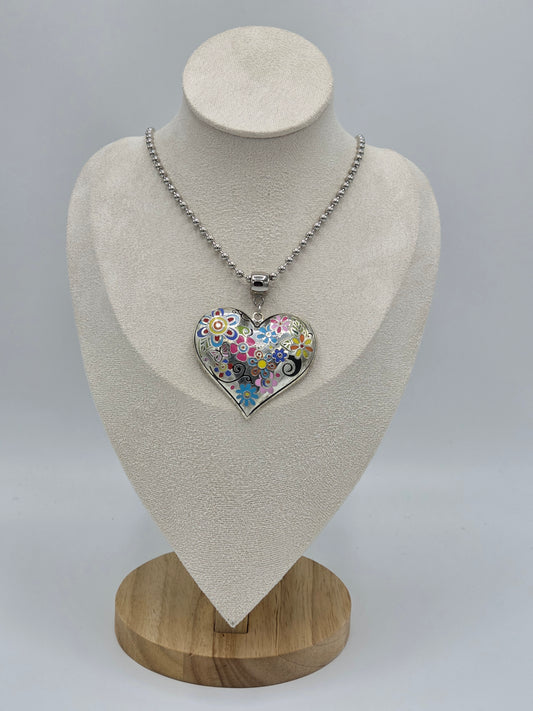 Floral heart necklace silver plated